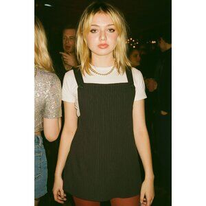 Facets By Mirrors Dress Vintage Black Pinstripe Button Strap Overall Mini